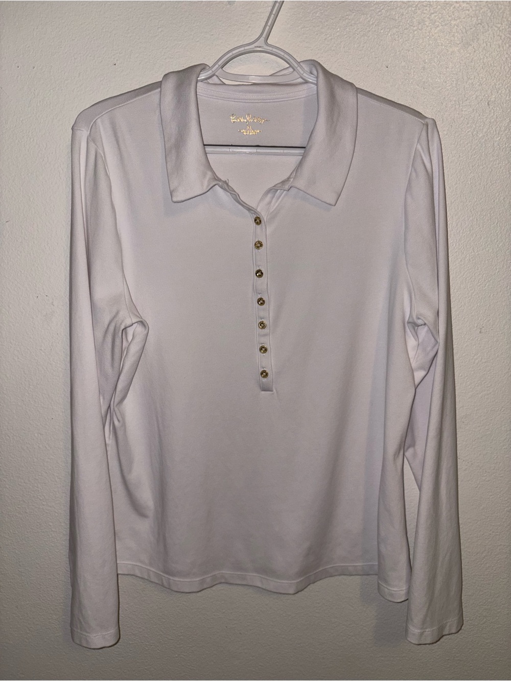 Lilly Pulitzer White Long Sleeve Polo Shirt Size XL Gold Buttons